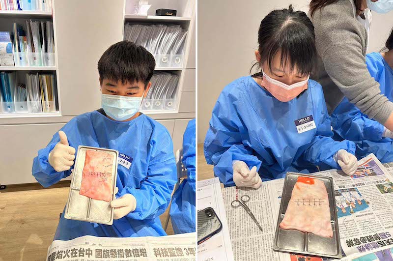 高中生在2023大大牙醫營體驗實作外科豬皮縫合
