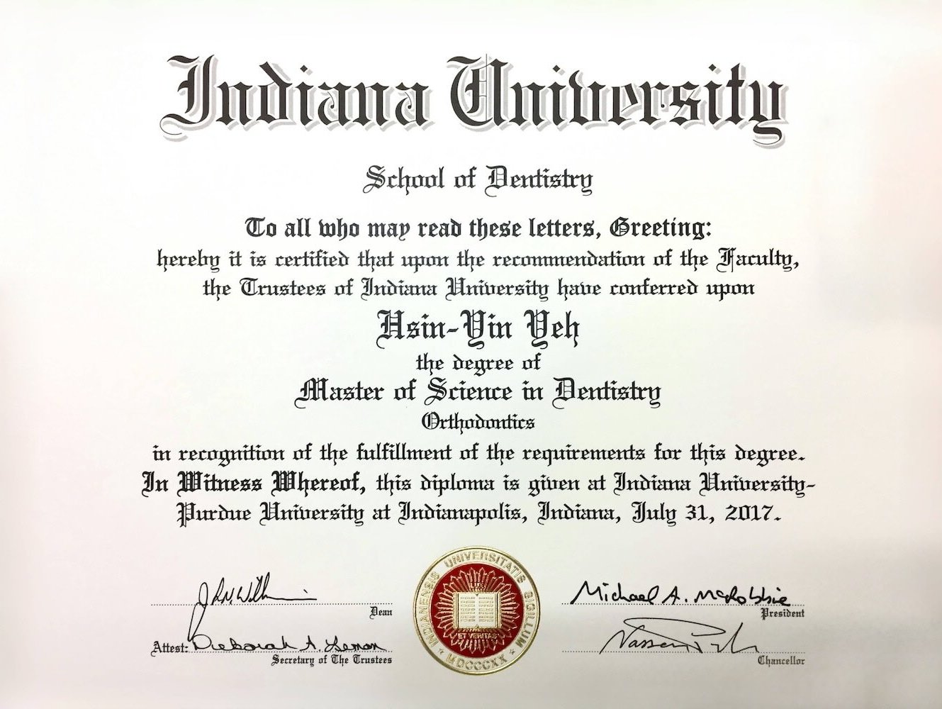 美國印第安納大學-牙醫碩士學位證書-葉信吟醫師