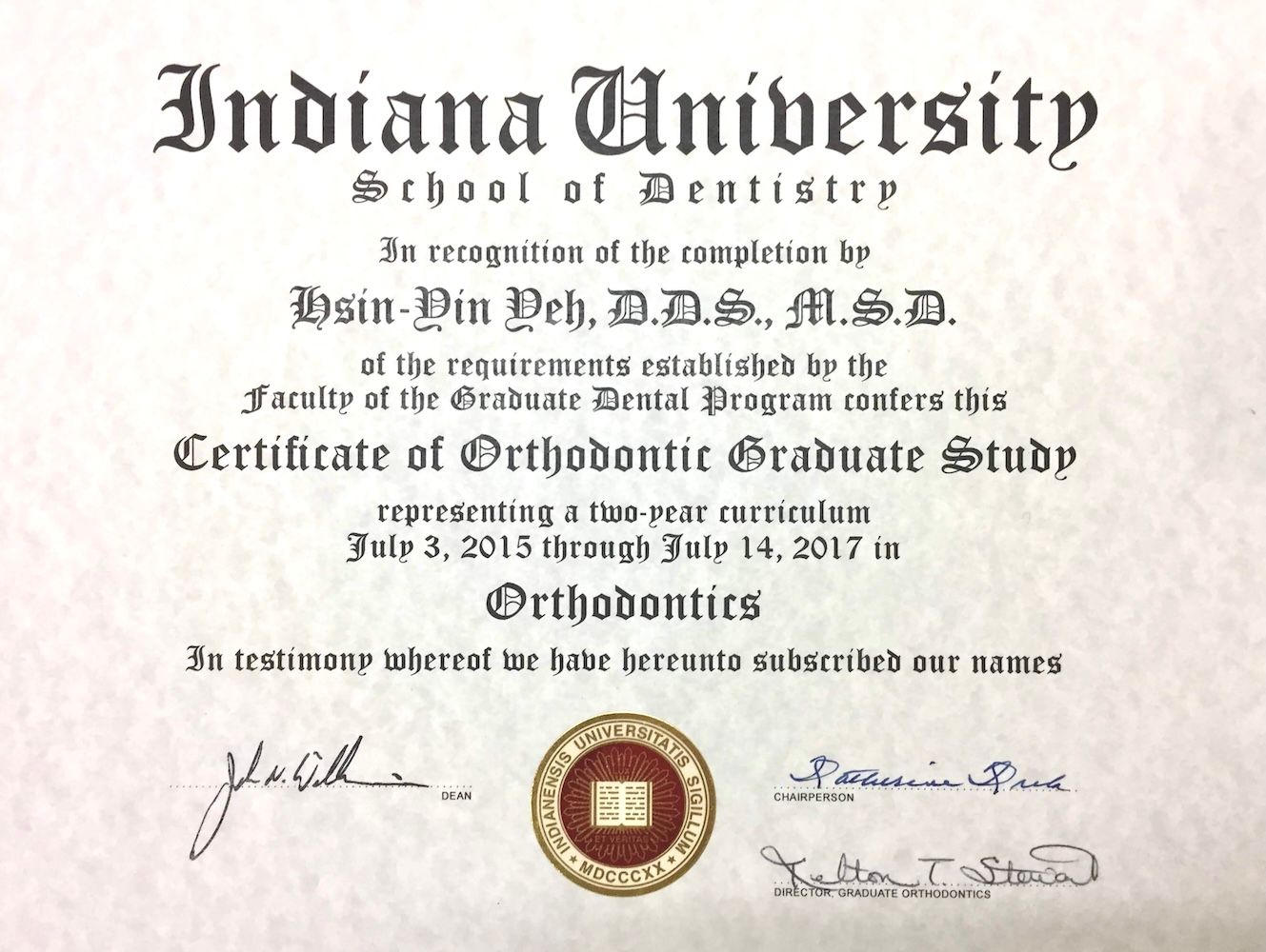 美國印第安納大學牙醫學院-正畸專科研究結業證書-葉信吟醫師
