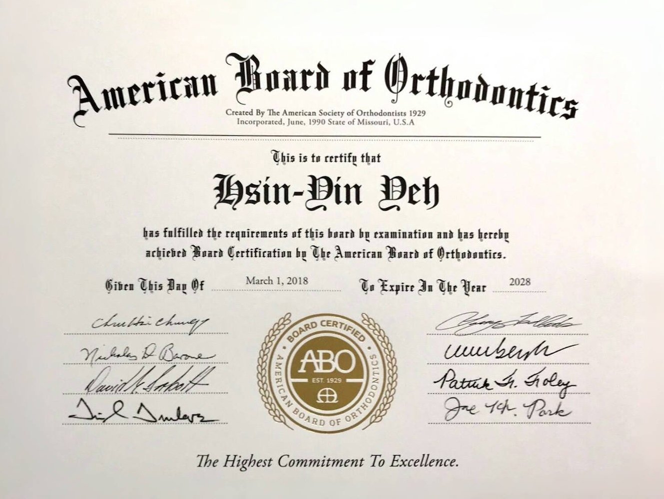美國正畸學會-專科醫師資格認證證書-葉信吟醫師
